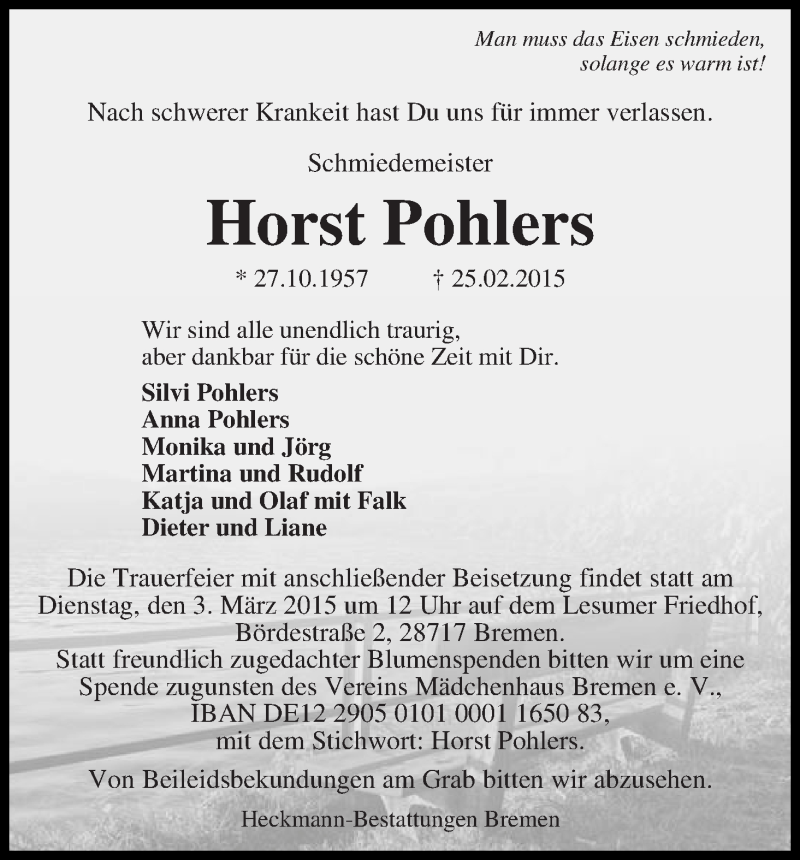 Traueranzeige von Horst Pohlers von WESER-KURIER