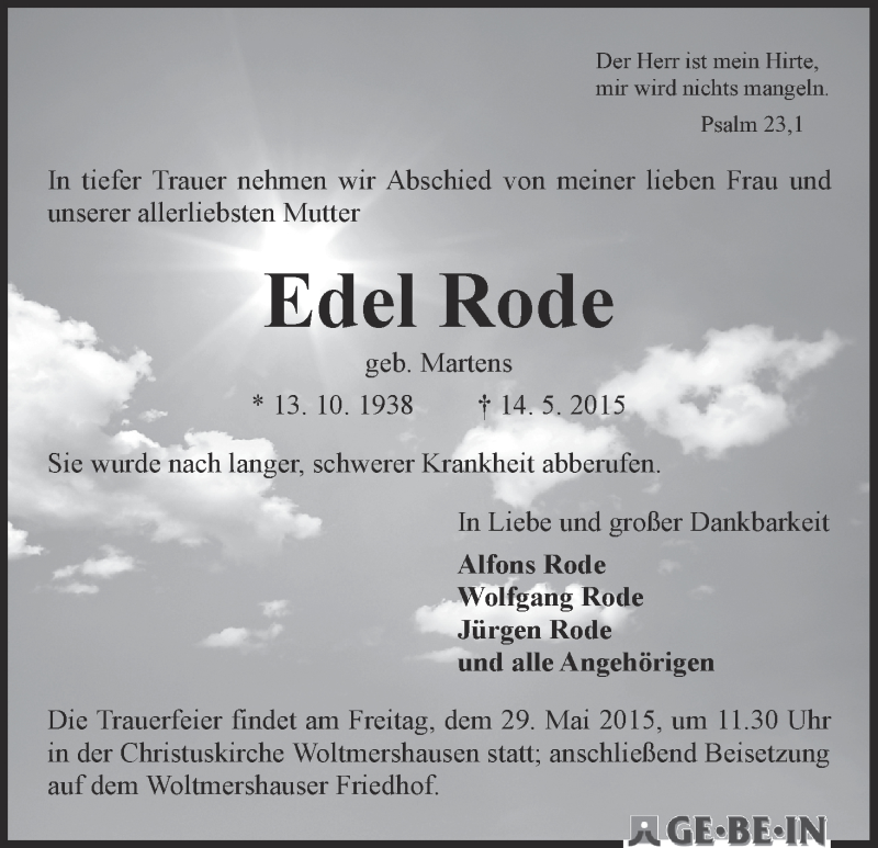 Traueranzeige von Edel Rode von WESER-KURIER