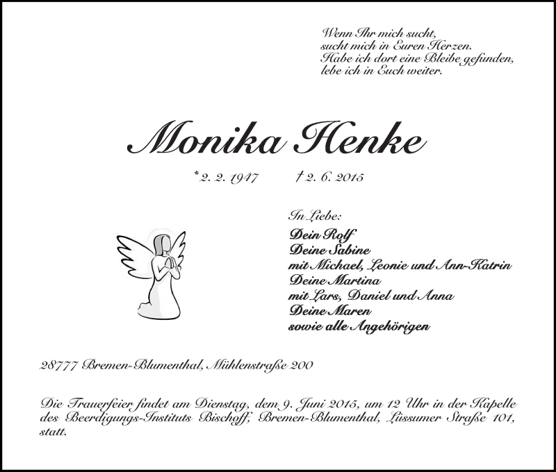 Traueranzeige von Monika Henke von Die Norddeutsche