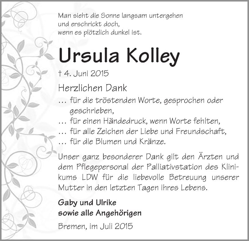 Traueranzeige von Ursula Kolley von WESER-KURIER