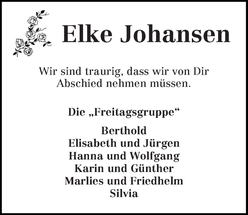 Traueranzeige von Elke Johansen von WESER-KURIER