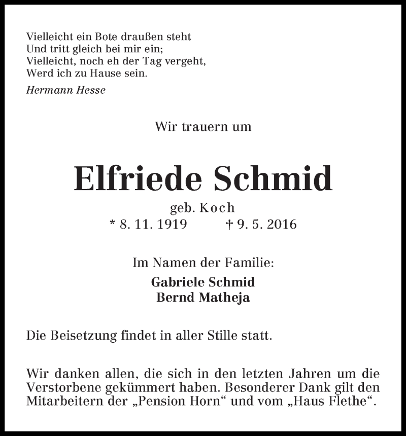 Traueranzeige von Elfriede Schmid von Die Norddeutsche