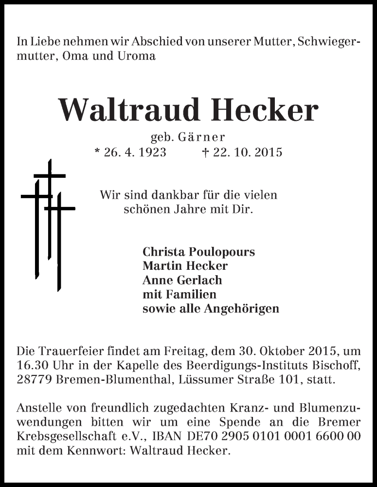 Traueranzeige von Waltraud Hecker von Die Norddeutsche