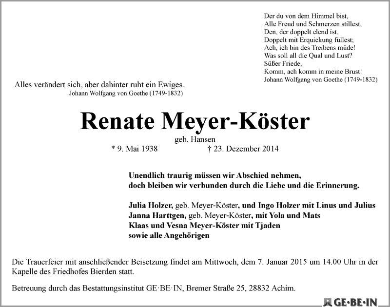 Traueranzeige von Renate Meyer-Köster von WESER-KURIER