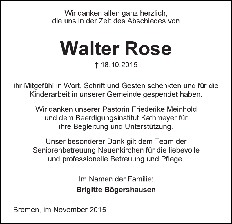 Traueranzeige von Walter Rose von Die Norddeutsche