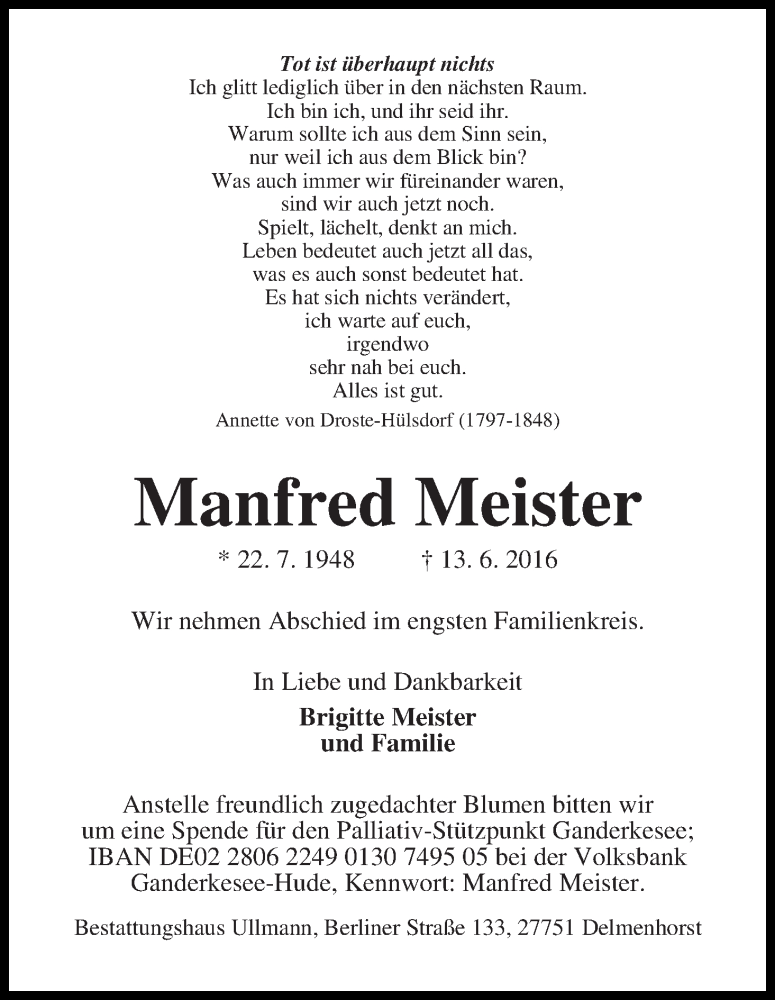 Traueranzeige von Manfred Meister von WESER-KURIER