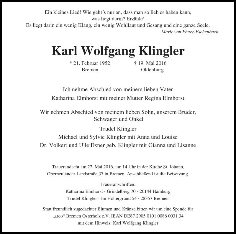 Traueranzeige von Karl Wolfgang Klingler von WESER-KURIER
