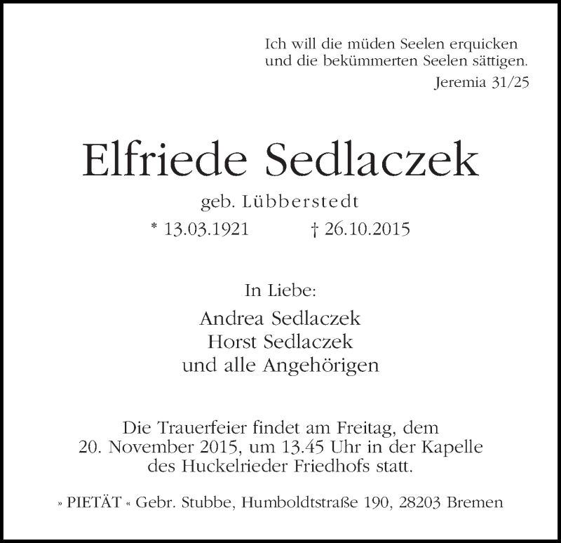 Traueranzeige von Elfriede Sedlaczek von WESER-KURIER
