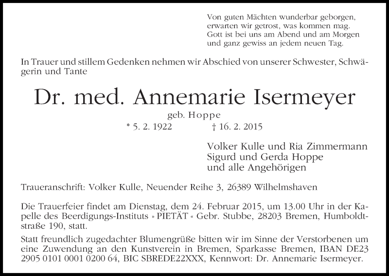 Traueranzeige von Annemarie Isermeyer von WESER-KURIER