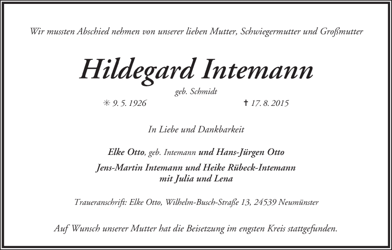 Traueranzeige von Hildegard Intemann von Achimer Kurier/Verdener Nachrichten