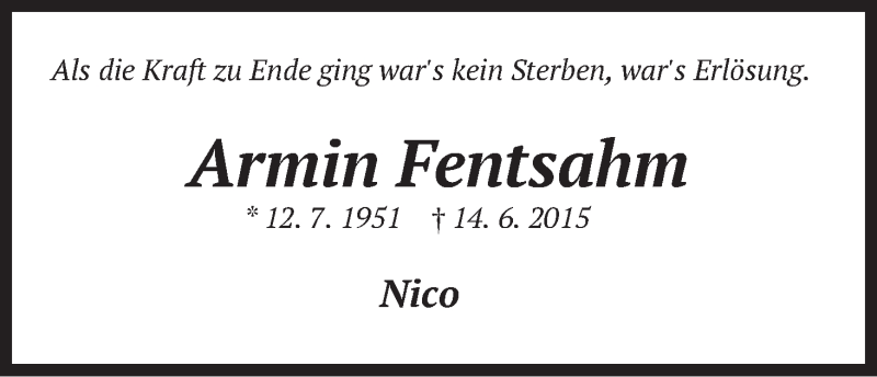 Traueranzeige von Armin Fentsahm von WESER-KURIER