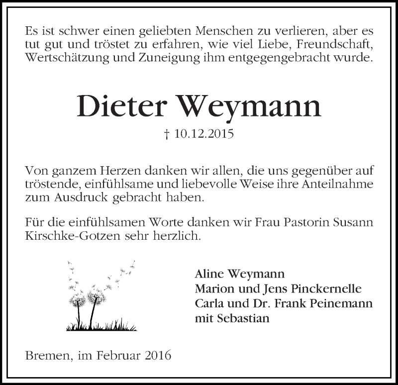 Traueranzeige von Dieter Weymann von WESER-KURIER