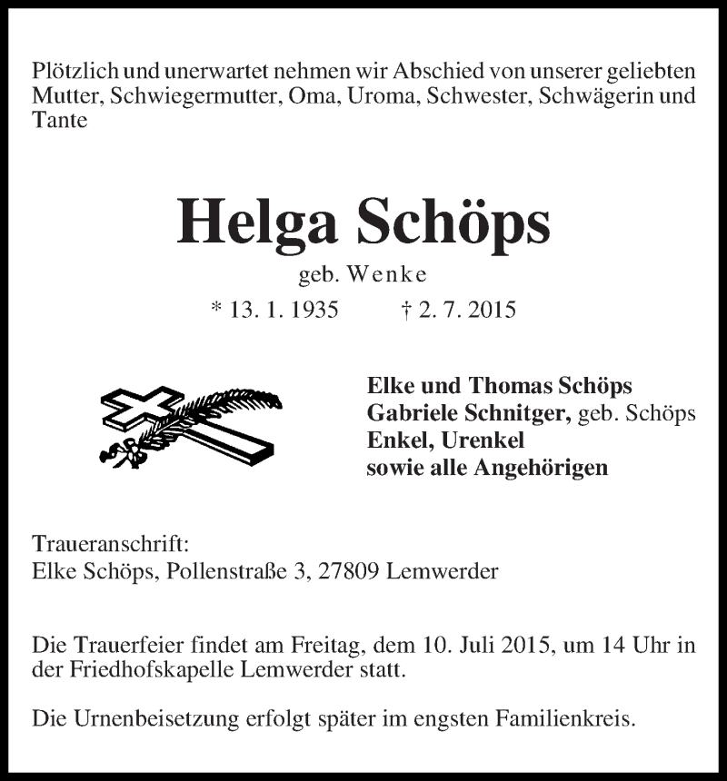 Traueranzeige von Helga Schöps von Die Norddeutsche
