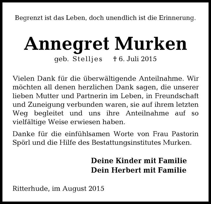 Traueranzeige von Annegret Murken von Osterholzer Kreisblatt
