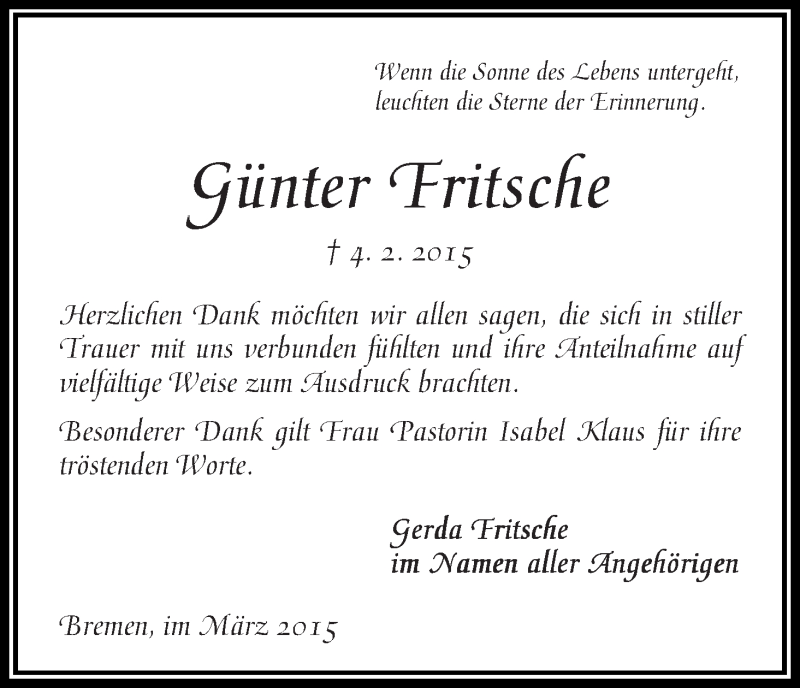 Traueranzeige von Günter Fritsche von WESER-KURIER
