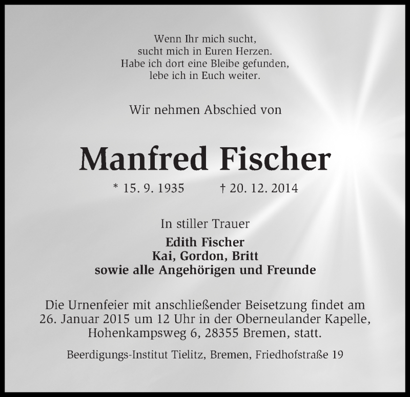 Traueranzeige von Manfred Fischer von WESER-KURIER
