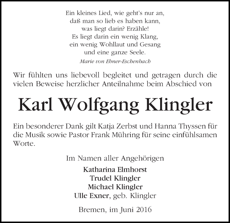 Traueranzeige von Karl Wolfgang Klingler von WESER-KURIER