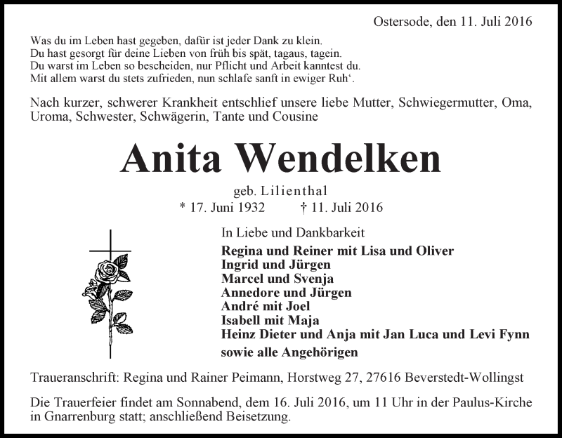 Traueranzeige von Anita Wendelken von Osterholzer Kreisblatt