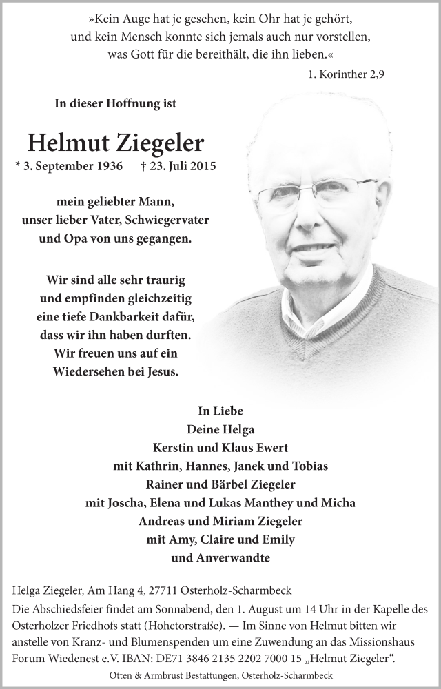 Traueranzeige von Helmut Ziegeler von Osterholzer Kreisblatt