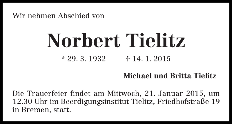 Traueranzeige von Norbert Tielitz von WESER-KURIER