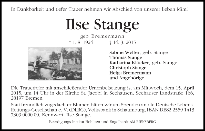 Traueranzeige von Ilse Stange von WESER-KURIER