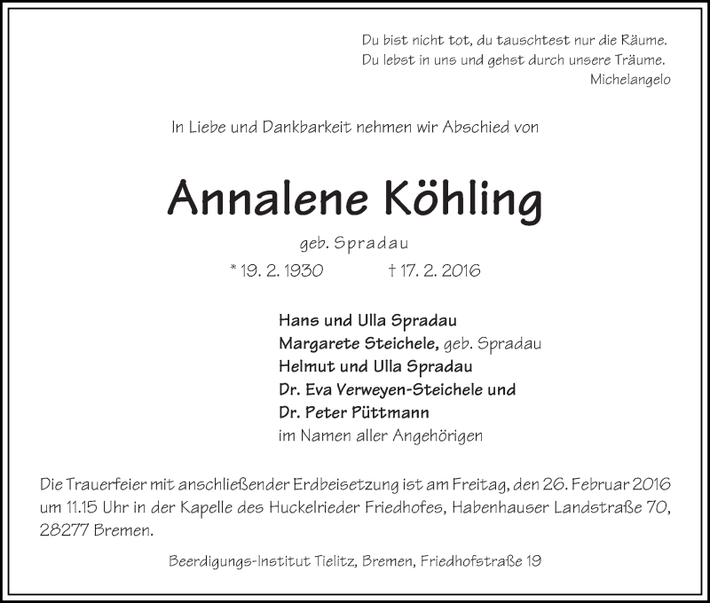 Traueranzeige von Annalene Köhling von WESER-KURIER