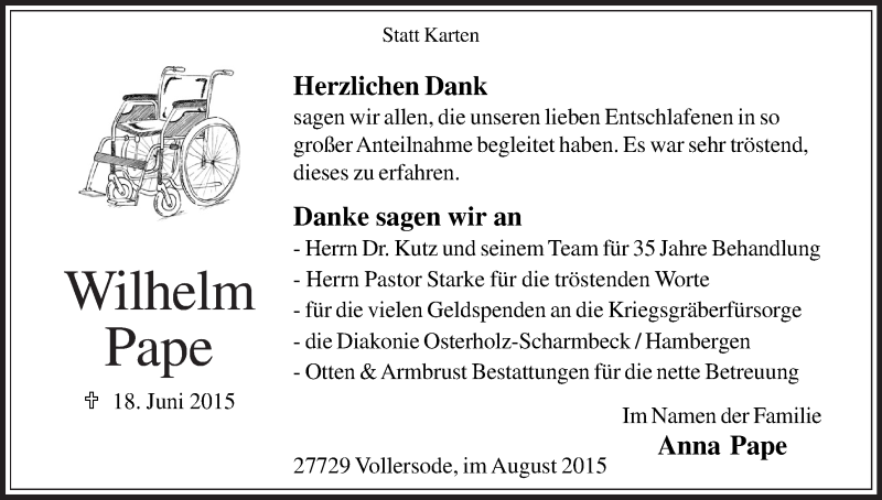 Traueranzeige von Wilhelm Pape von Osterholzer Kreisblatt