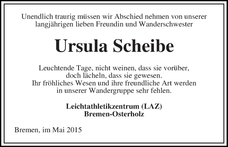 Traueranzeige von Ursula Scheibe von WESER-KURIER