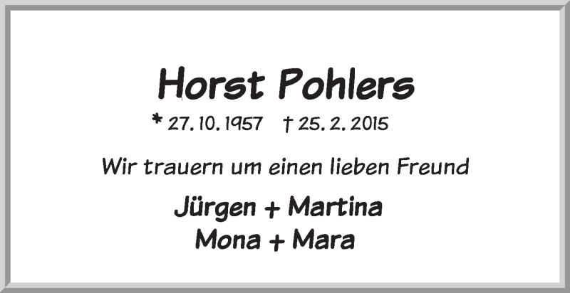 Traueranzeige von Horst Pohlers von Die Norddeutsche