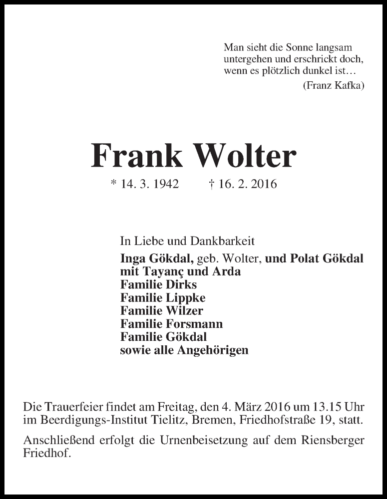 Traueranzeige von Frank Wolter von WESER-KURIER