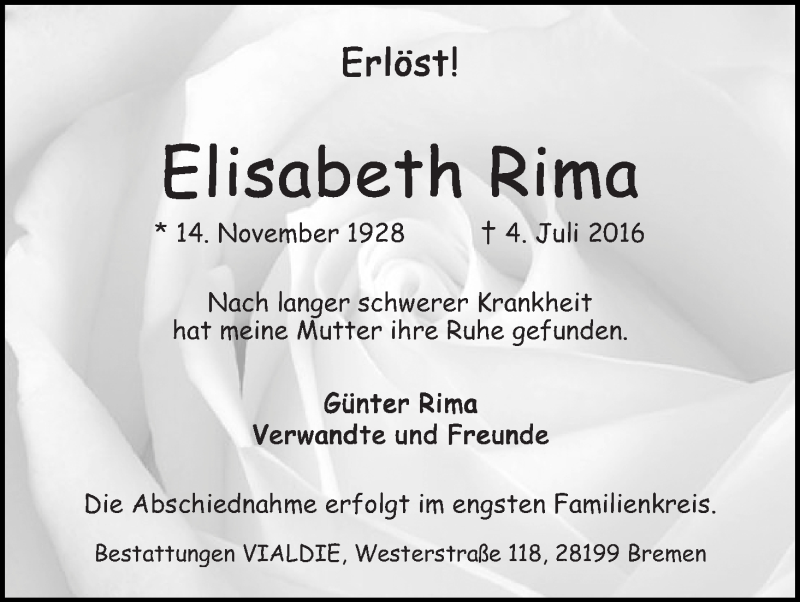Traueranzeige von Elisabeth Rima von WESER-KURIER