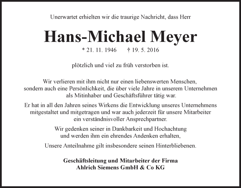 Traueranzeige von Hans-Michael Meyer von WESER-KURIER