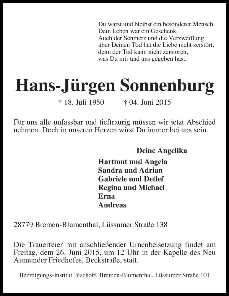 Traueranzeige von Hans-Jürgen Sonnenburg von WESER-KURIER