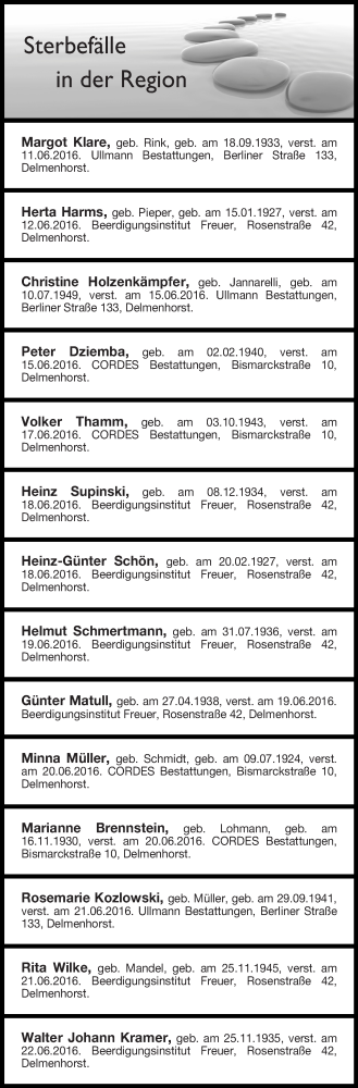 Traueranzeige von Sterbefälle  25.06.2016 Delmenhorst von Delmenhorster Kurier