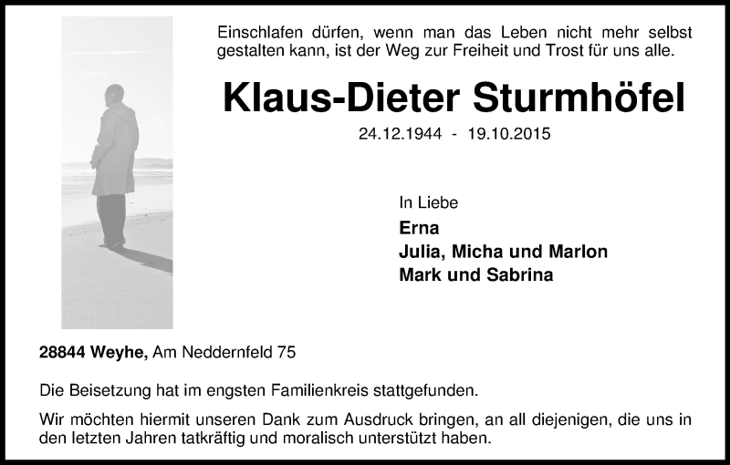 Traueranzeige von Klaus-Dieter Sturmhöfel von WESER-KURIER