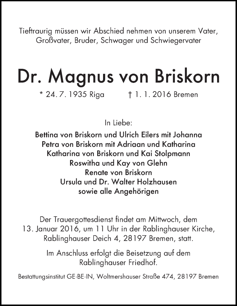 Traueranzeige von Magnus von Briskorn von WESER-KURIER