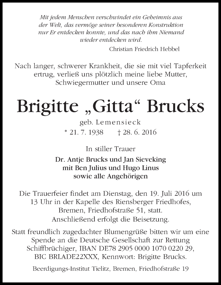 Traueranzeige von Brigitte Brucks von WESER-KURIER