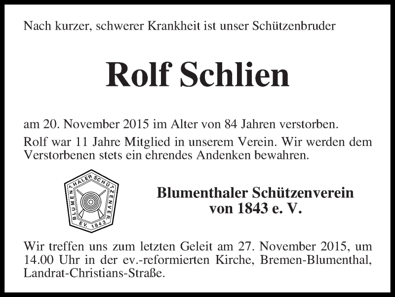 Traueranzeige von Rolf Schlien von Die Norddeutsche