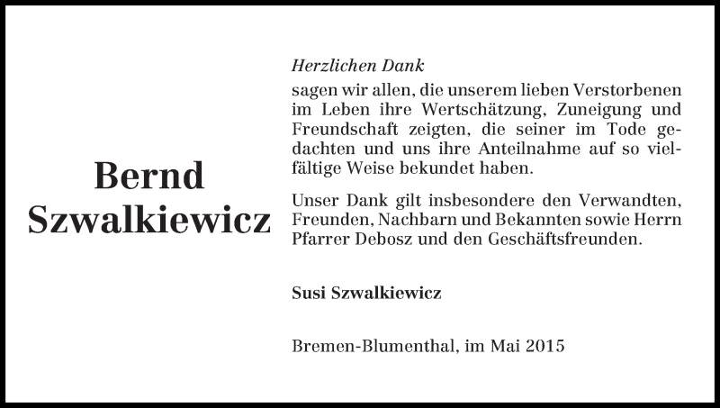 Traueranzeige von Bernd Szwalkiewicz von Die Norddeutsche