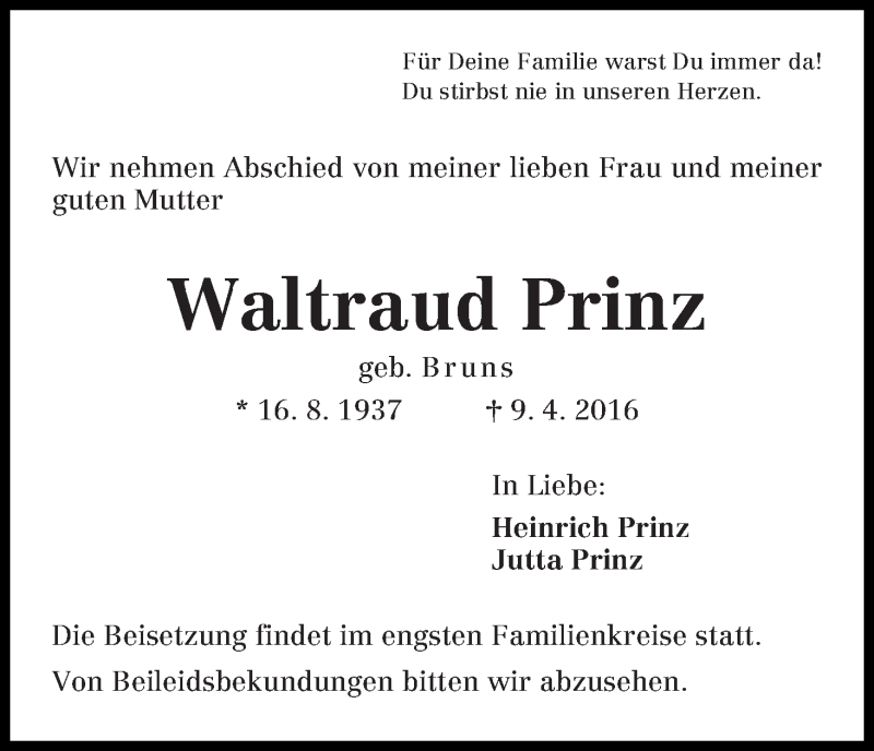 Traueranzeige von Waltraud Prinz von Die Norddeutsche
