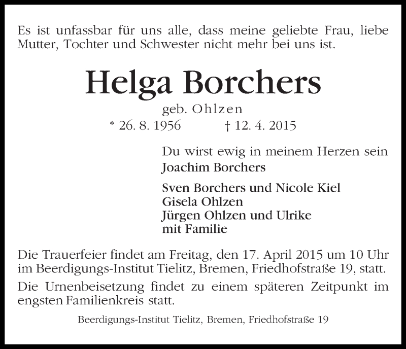 Traueranzeige von Helga Borchers von WESER-KURIER