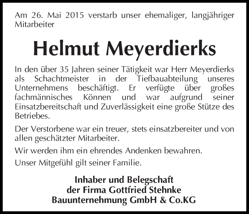 Traueranzeige von Helmut Meyerdierks von Osterholzer Kreisblatt