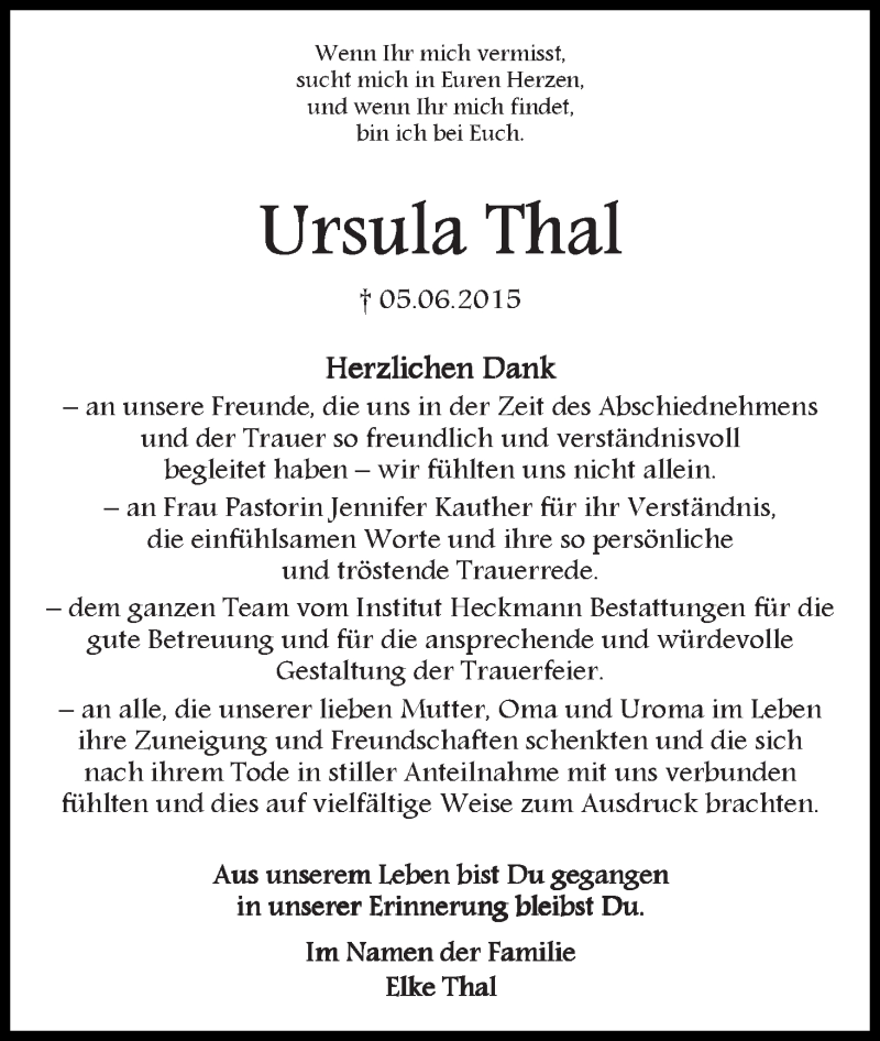 Traueranzeige von Ursula Thal von Die Norddeutsche