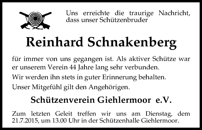 Traueranzeige von Reinhard Schnakenberg von Osterholzer Kreisblatt
