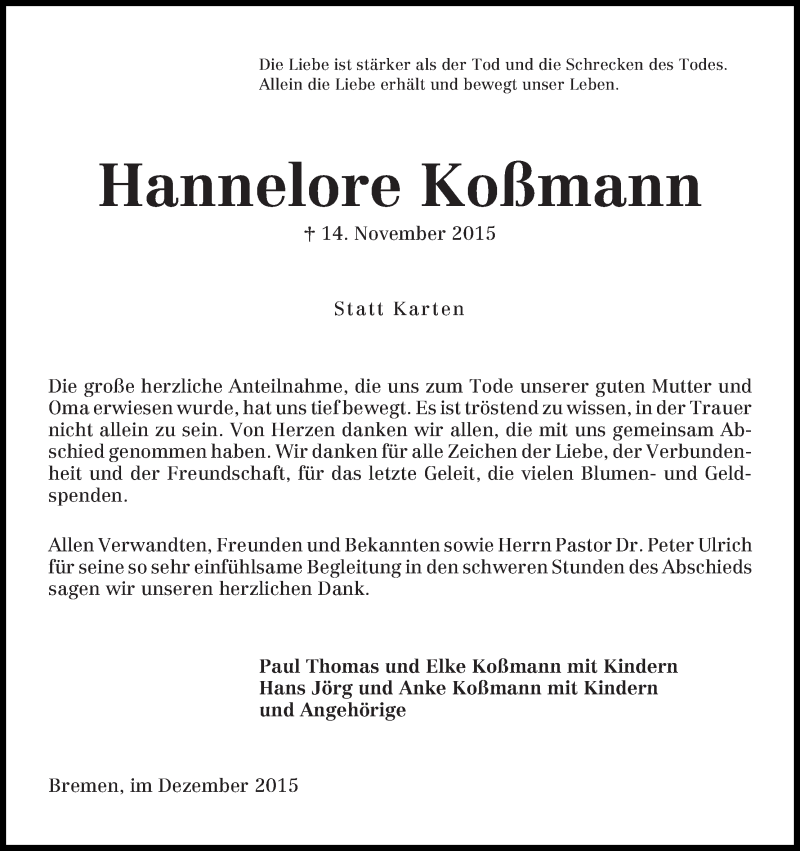 Traueranzeige von Hannelore Koßmann von WESER-KURIER