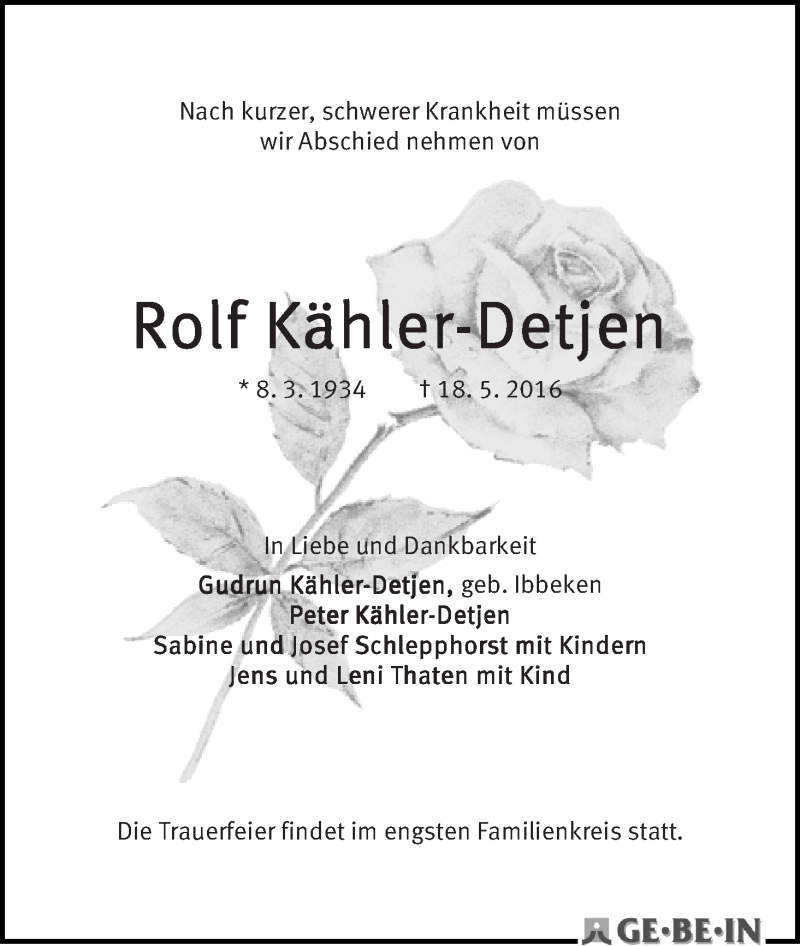 Traueranzeige von Rolf Kähler-Detjen von WESER-KURIER