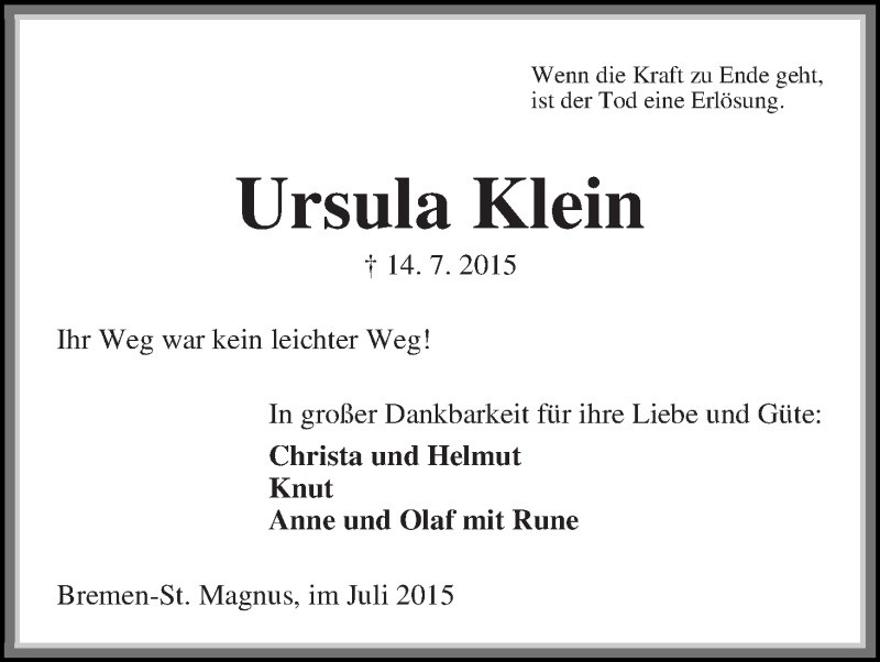 Traueranzeige von Ursula Klein von Die Norddeutsche