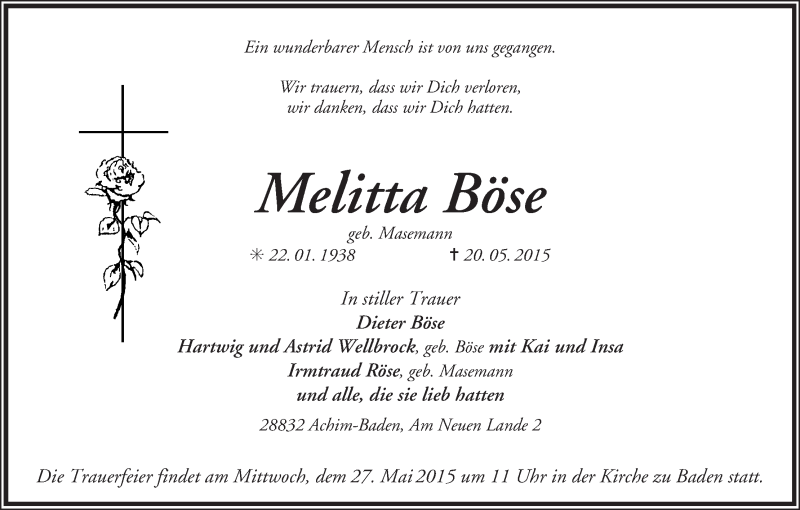 Traueranzeige von Melitta Böse von Achimer Kurier/Verdener Nachrichten