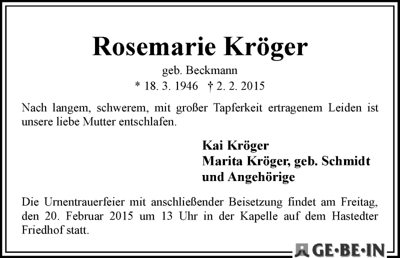 Traueranzeige von Rosemarie Kröger von WESER-KURIER