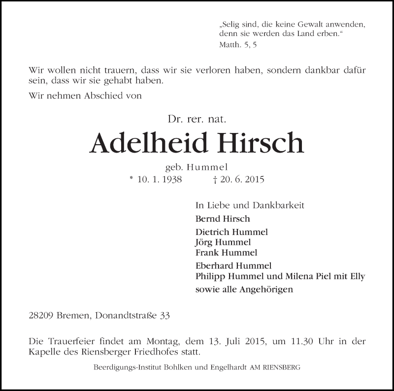 Traueranzeige von Adelheid Hirsch von WESER-KURIER